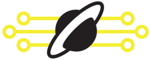 Abstract tech logo showing a black planet with a white crescent orbit, over yellow circuit-like lines with circular nodes, symbolizing connectivity.