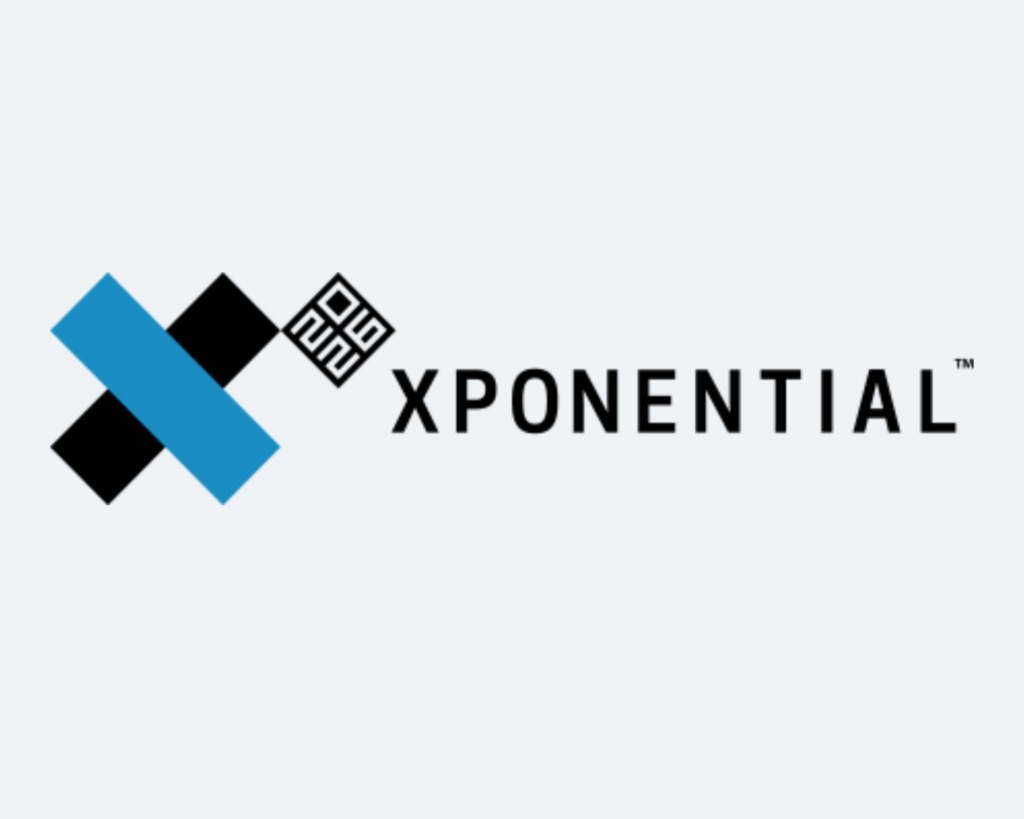 Logo featuring overlapping blue and black diamond shapes forming an X, with the word XPONENTIAL partially visible in bold letters.