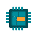 Teal CPU/microchip icon with orange contact pads.