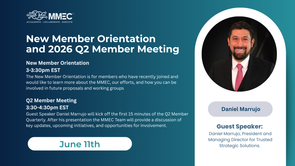 MMEC event banner: New Member Orientation details on the left with a circular portrait of a smiling man in a suit on the right within a white rounded panel on a teal gradient background.