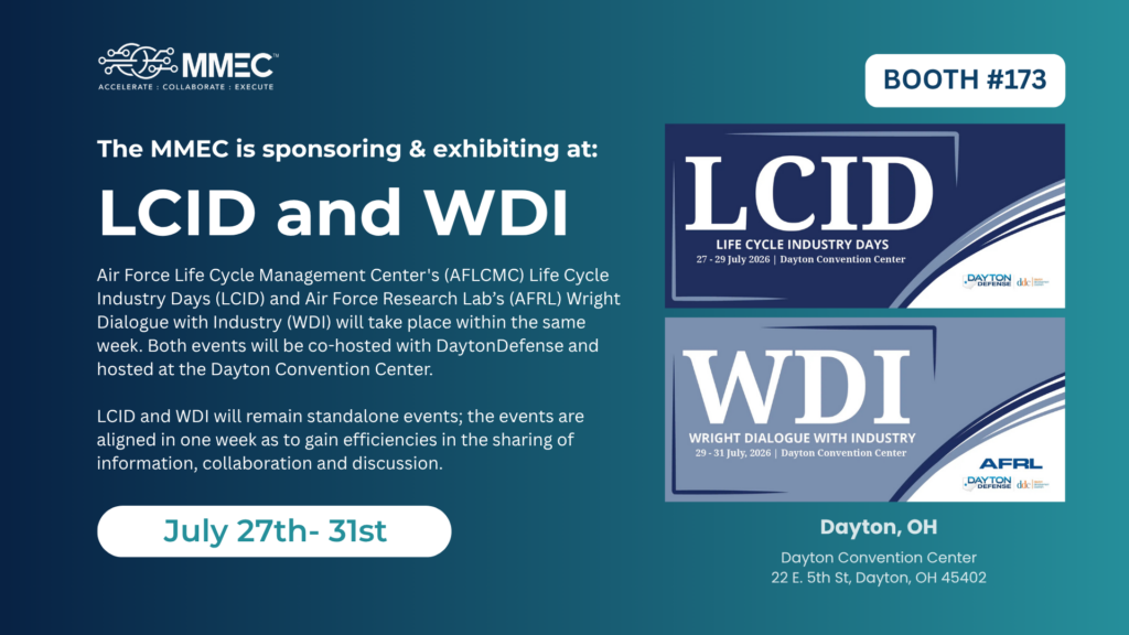MMEC sponsorship banner for LCID and WDI with event dates July 27–31 and Dayton Convention Center, Ohio (teal gradient background).