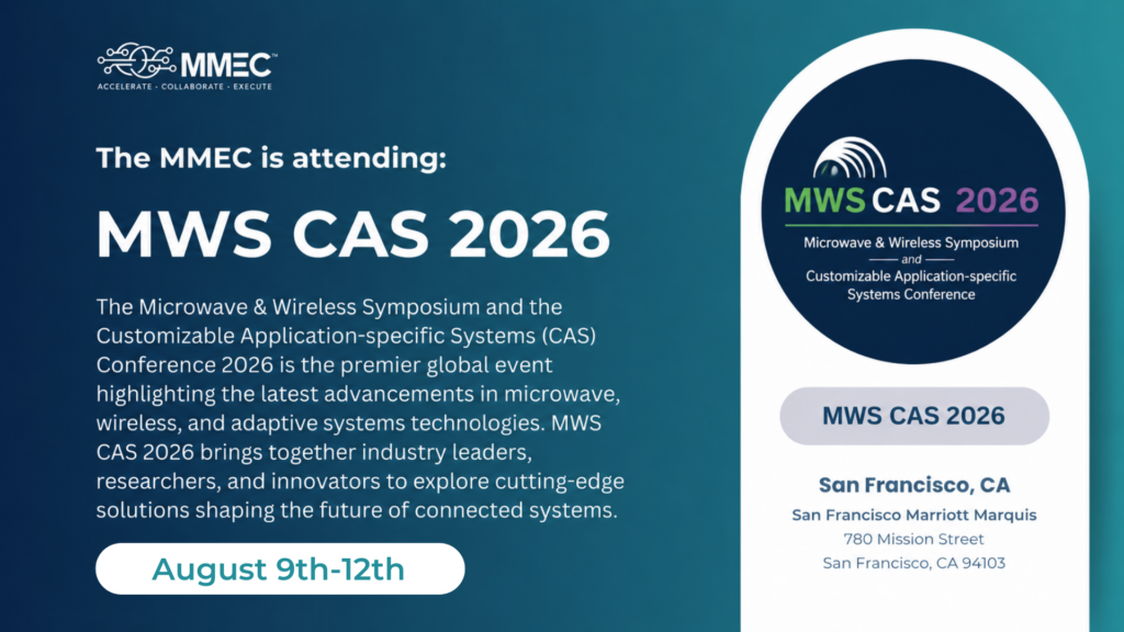 Banner announcing MMEC attending MWS CAS 2026, with large headline and descriptive paragraph on the left and a circular event badge on the right, plus an August 9–12 date chip at the bottom left.