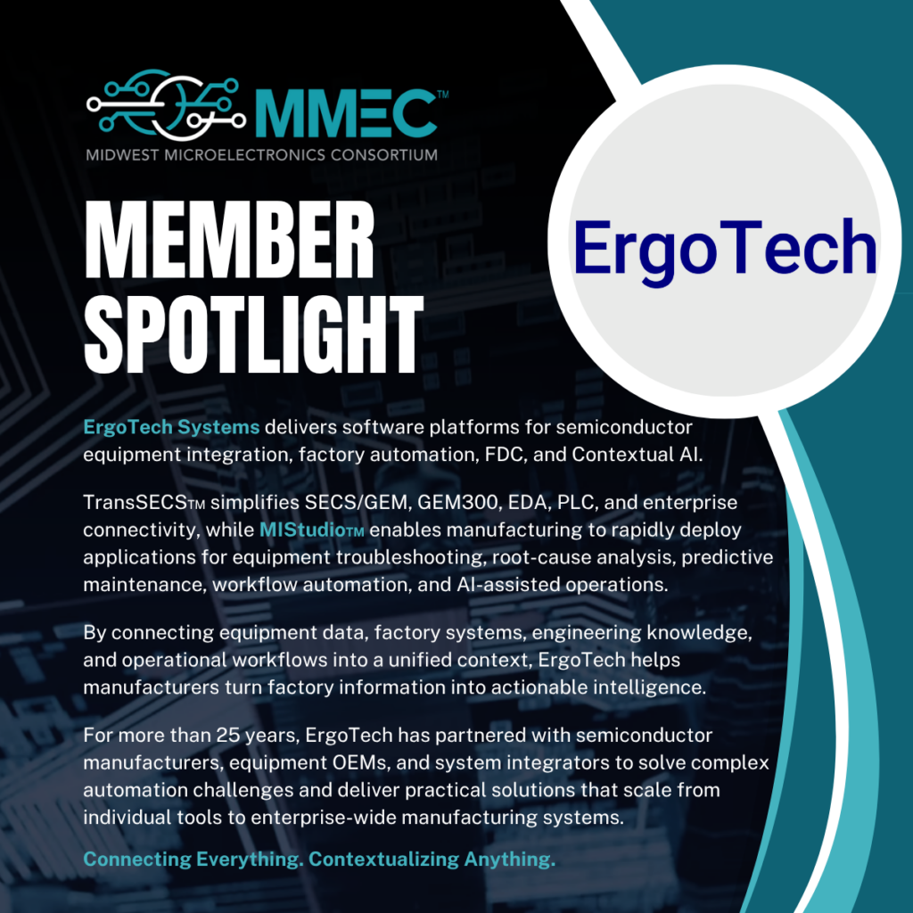 Member Spotlight banner featuring ErgoTech logo and text about ErgoTech Systems' semiconductor software platforms.