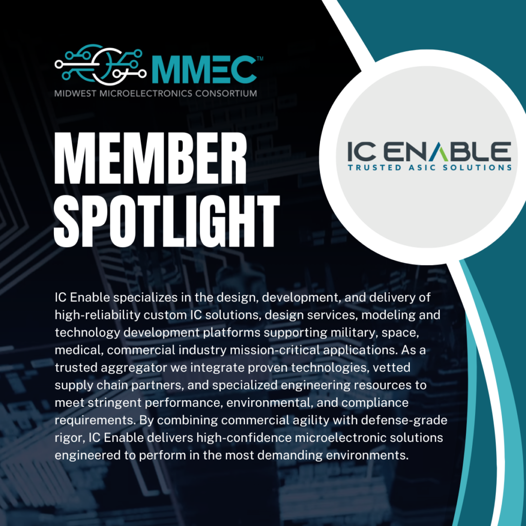 Poster showing 'MEMBER SPOTLIGHT' with MMC and IC Enable logos on a dark circuitry background and descriptive copy below.