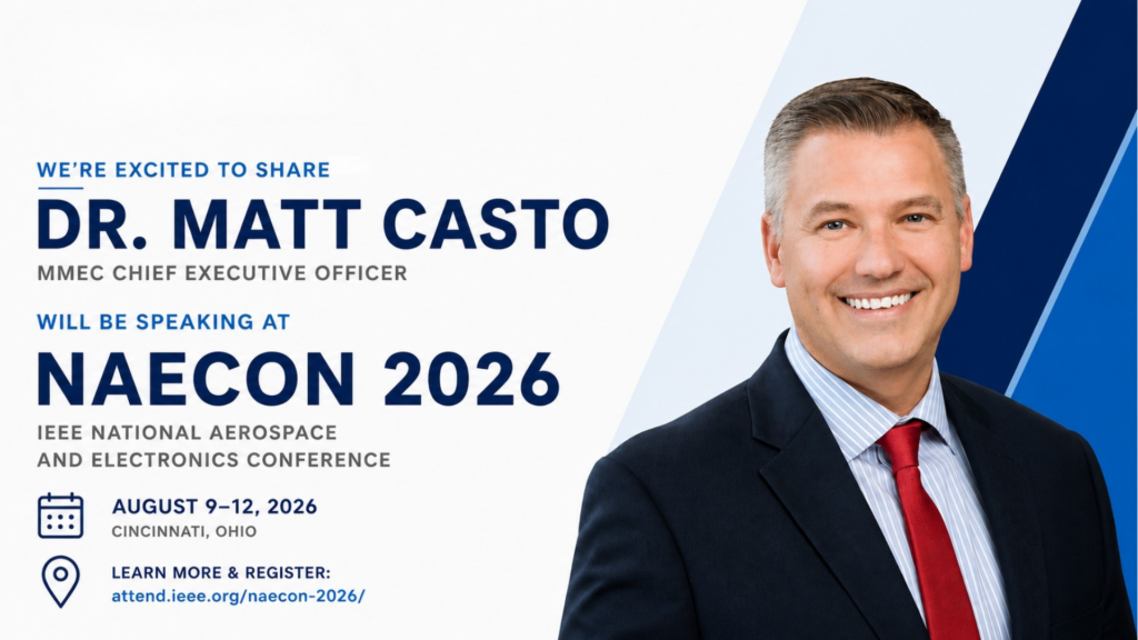 Banner announcing Dr. Matt Casto speaking at NAECon 2026 (IEEE National Aerospace and Electronics Conference) in Cincinnati, Aug 9–12, 2026, with a portrait on the right.