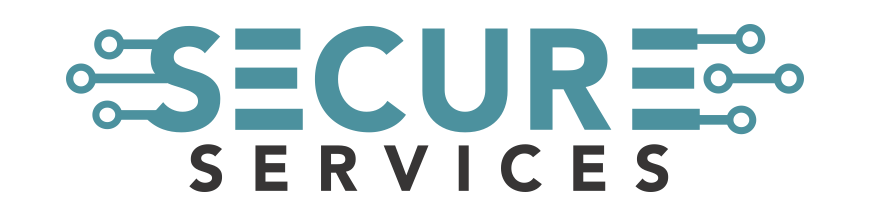 Secure Services logo: teal 'SECURE' wordmark with circuit-inspired lines on both sides and black 'SERVICES' beneath.