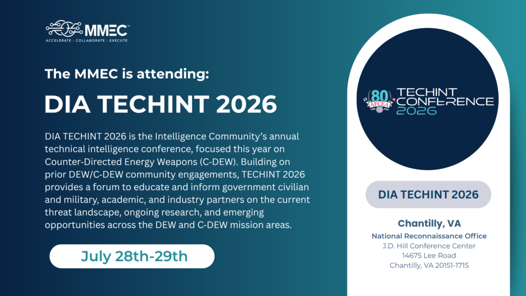 MMEC announces attendance at DIA TECHINT 2026 with logo and event details on a blue gradient banner