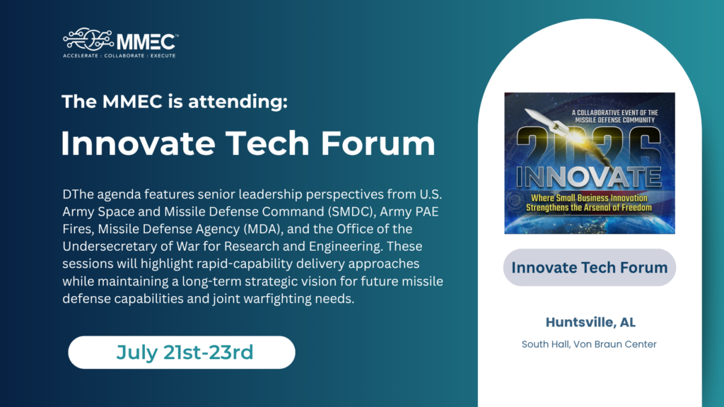 Banner for MMEC Innovate Tech Forum with blue gradient background and event poster on the right side