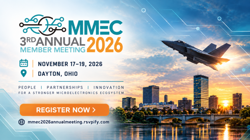 MMEC 3rd Annual Member Meeting 2026 poster: November 17–19 in Dayton, Ohio, with a jet over a city skyline and a 'Register Now' button.